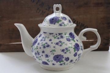 catalog photo of English country style chintz floral print ceramic teapot, cozy cottagecore blue & white china 