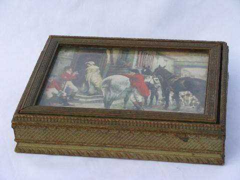 photo of English fox hunt scenes, collection of vintage wood boxes, jewelry box etc. #2