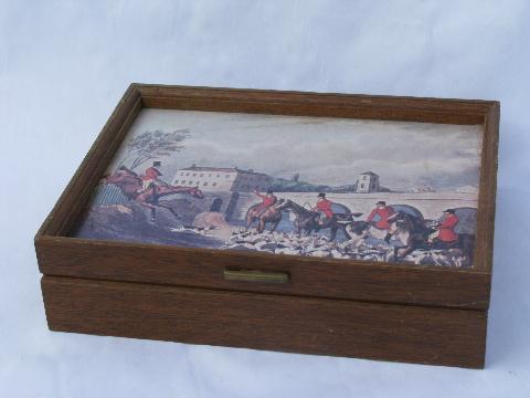 photo of English fox hunt scenes, collection of vintage wood boxes, jewelry box etc. #4