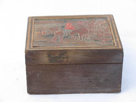 photo of English fox hunt scenes, collection of vintage wood boxes, jewelry box etc. #6