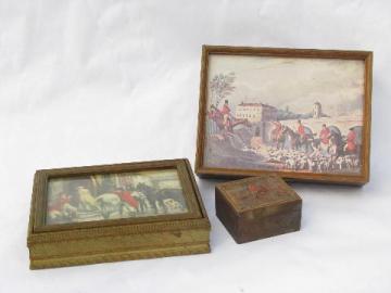 catalog photo of English fox hunt scenes, collection of vintage wood boxes, jewelry box etc.