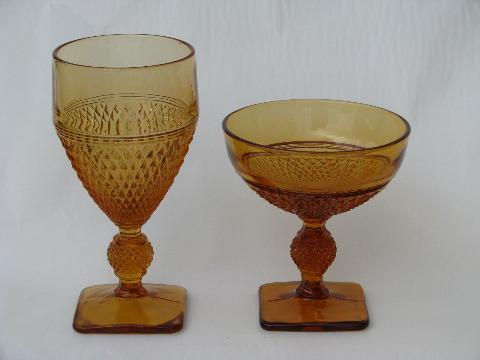 photo of English hobnail diamond point pressed pattern goblets, amber glass #2