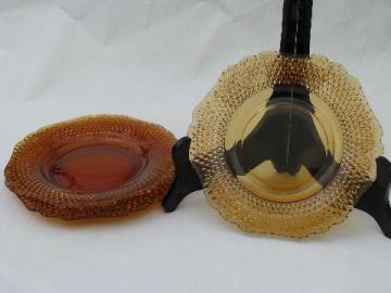 catalog photo of English hobnail diamond point pressed pattern plates, amber glass