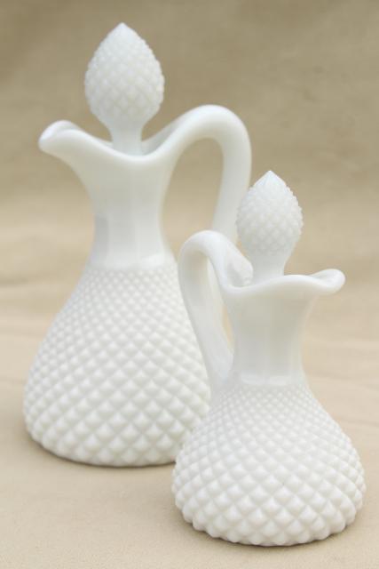 photo of English hobnail milk glass cruets, vintage cruet bottles w/ stoppers, large & small #1