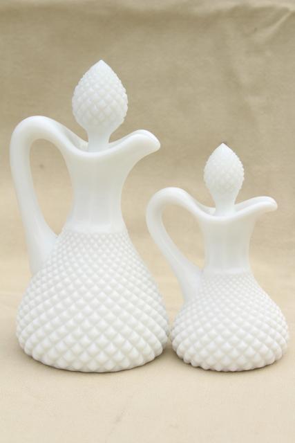 photo of English hobnail milk glass cruets, vintage cruet bottles w/ stoppers, large & small #2