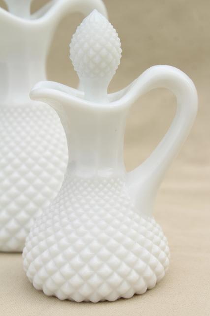 photo of English hobnail milk glass cruets, vintage cruet bottles w/ stoppers, large & small #3