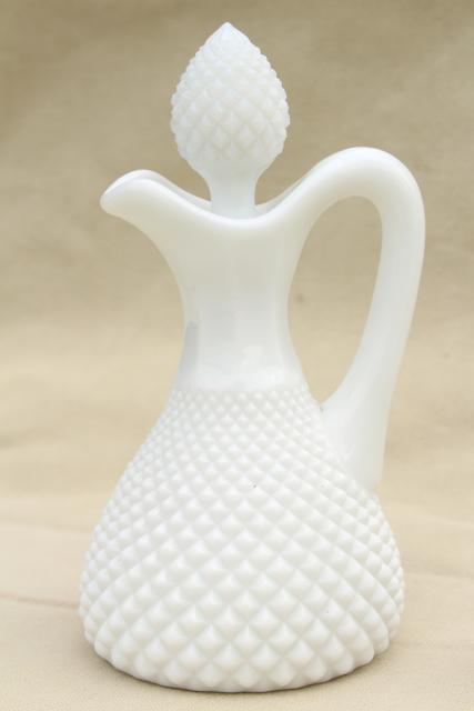 photo of English hobnail milk glass cruets, vintage cruet bottles w/ stoppers, large & small #4