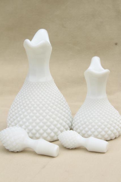 photo of English hobnail milk glass cruets, vintage cruet bottles w/ stoppers, large & small #5