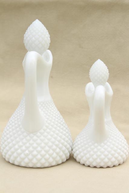 photo of English hobnail milk glass cruets, vintage cruet bottles w/ stoppers, large & small #6