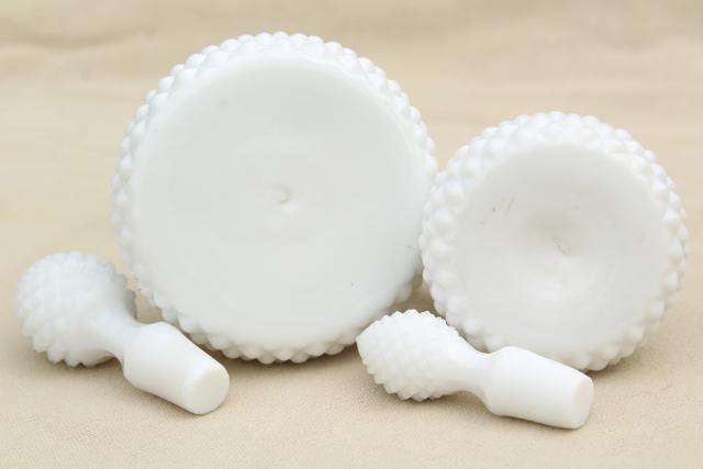 photo of English hobnail milk glass cruets, vintage cruet bottles w/ stoppers, large & small #8