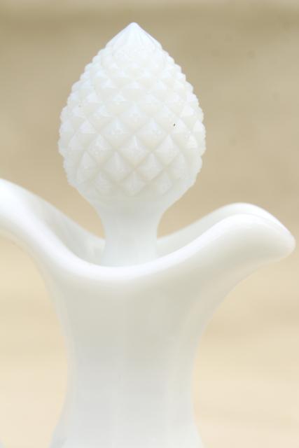 photo of English hobnail milk glass cruets, vintage cruet bottles w/ stoppers, large & small #9