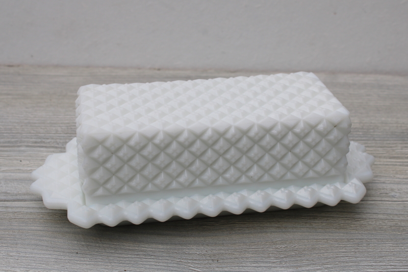 photo of English hobnail vintage Westmoreland milk glass covered butter dish, plate w/ cover #1