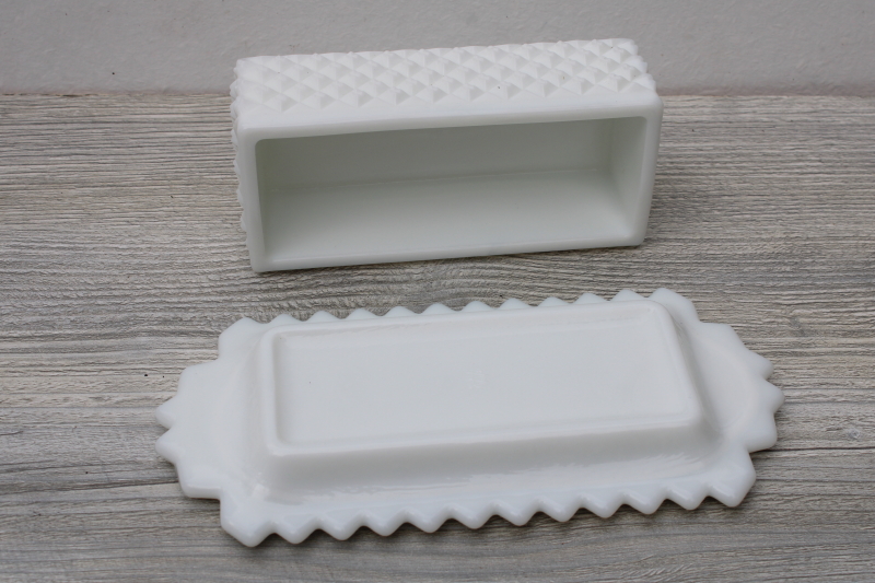 photo of English hobnail vintage Westmoreland milk glass covered butter dish, plate w/ cover #4