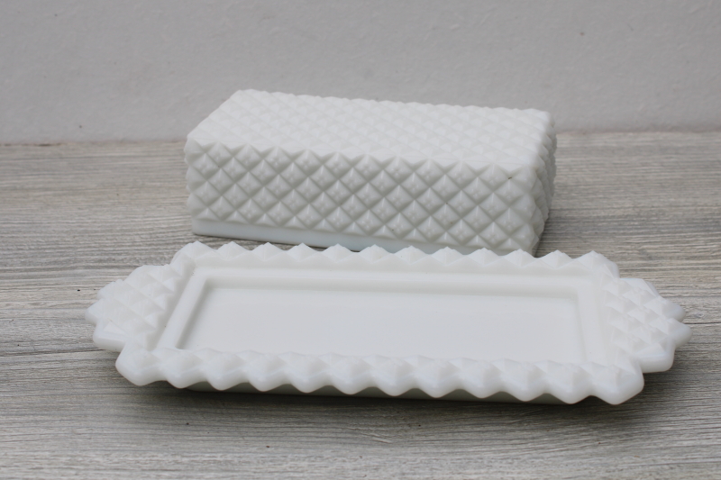 photo of English hobnail vintage Westmoreland milk glass covered butter dish, plate w/ cover #5