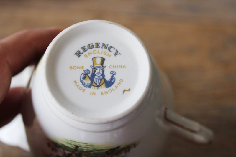 photo of English hunt scene tea cups & saucers, vintage Regency bone china horses & riders  #3
