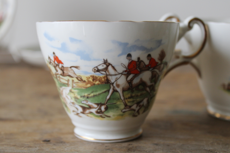 photo of English hunt scene tea cups & saucers, vintage Regency bone china horses & riders  #4