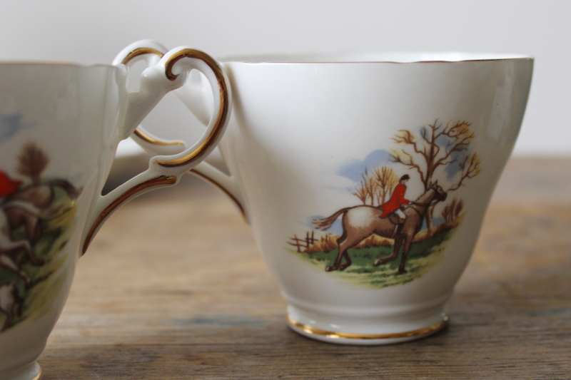 photo of English hunt scene tea cups & saucers, vintage Regency bone china horses & riders  #5