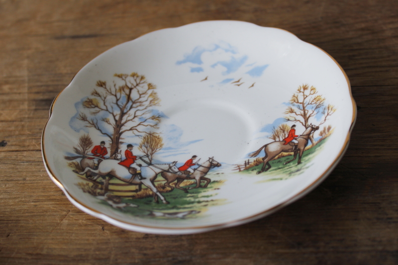 photo of English hunt scene tea cups & saucers, vintage Regency bone china horses & riders  #6