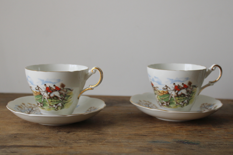 photo of English hunt scene tea cups & saucers, vintage Regency bone china horses & riders  #7
