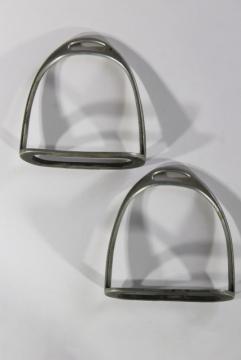 photo of English make old solid nickel horse tack riding stirrups, 19th or 20th century vintage