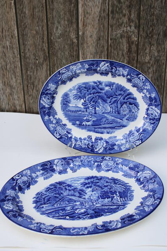 photo of English scenery vintage blue & white transferware china large & small platters #1