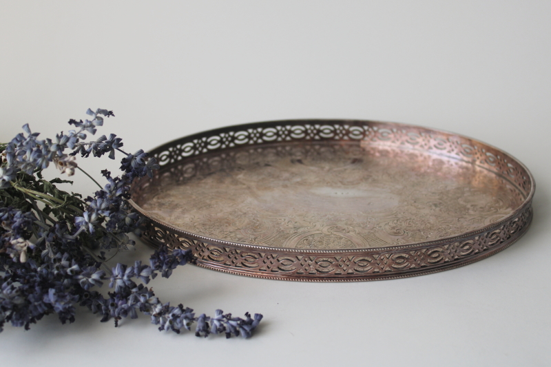 photo of English silverplate tray, small oval gallery tray tarnished vintage silver plate  #1