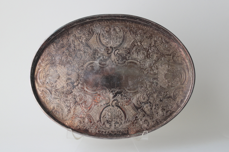 photo of English silverplate tray, small oval gallery tray tarnished vintage silver plate  #2