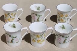 catalog photo of English tea mugs, vintage Royal Minster fine bone china flowered coffee cups set of 6