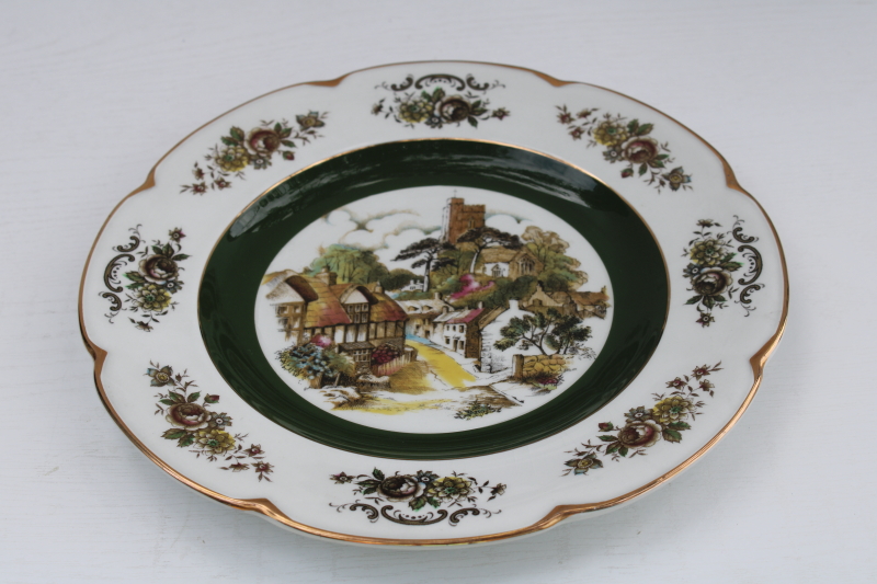 photo of English thatched cottages ironstone dinner plates each different, vintage Wood Sons Ascot service plates #2
