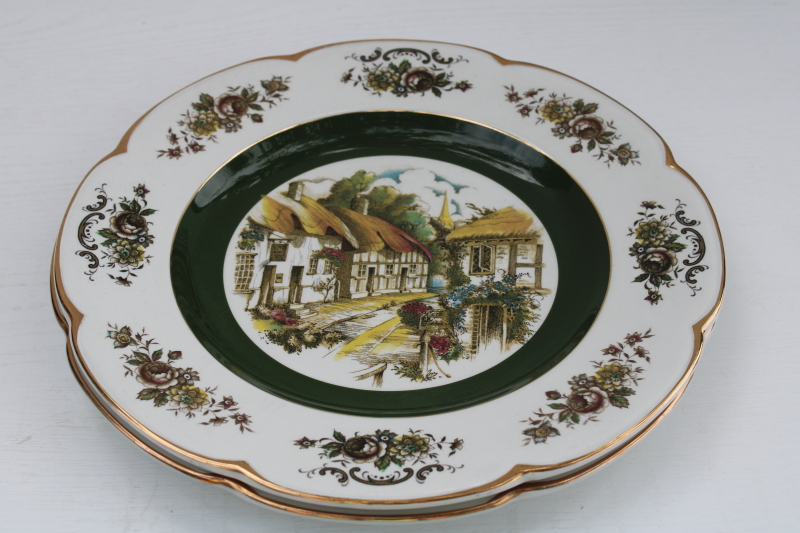 photo of English thatched cottages ironstone dinner plates each different, vintage Wood Sons Ascot service plates #3