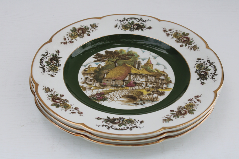 photo of English thatched cottages ironstone dinner plates each different, vintage Wood Sons Ascot service plates #4