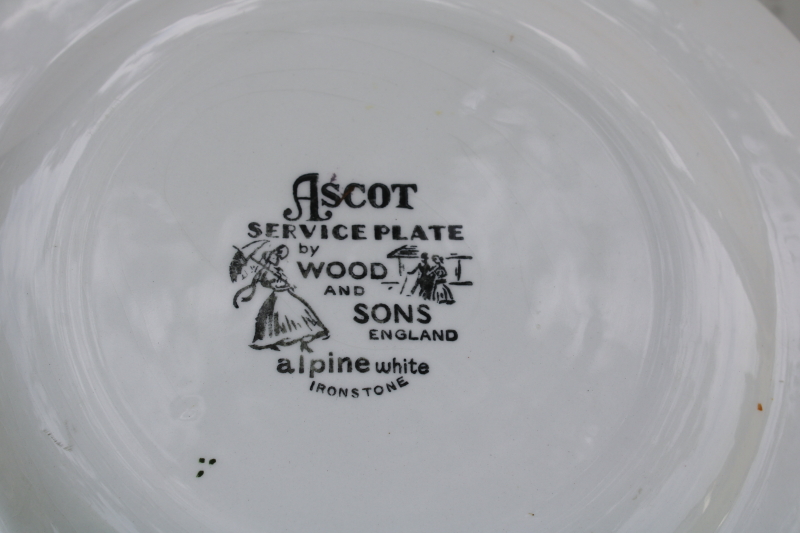 photo of English thatched cottages ironstone dinner plates each different, vintage Wood Sons Ascot service plates #6