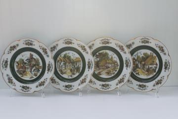 catalog photo of English thatched cottages ironstone dinner plates each different, vintage Wood Sons Ascot service plates
