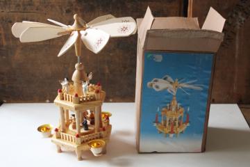 catalog photo of Erzgebirge style German wood Christmas candle spinner carousel pyramid, new in box vintage 