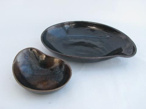 photo of Eva Zeisel vintage Red Wing Town and Country pottery, gunmetal metallic, organic shape bowls #1