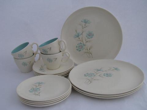 photo of Ever Yours aqua blue cornflower floral dishes for 4, 1960s vintage TS&T Boutonniere #1
