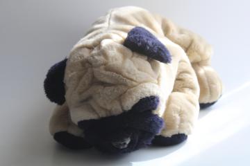 catalog photo of FAO Schwarz large plush pug dog, floppy old worn toy stuffed animal