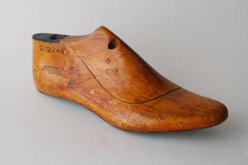 catalog photo of Fagus wood shoe stretcher, small last vintage carved wood foot form w/ steel sole primitive decor 