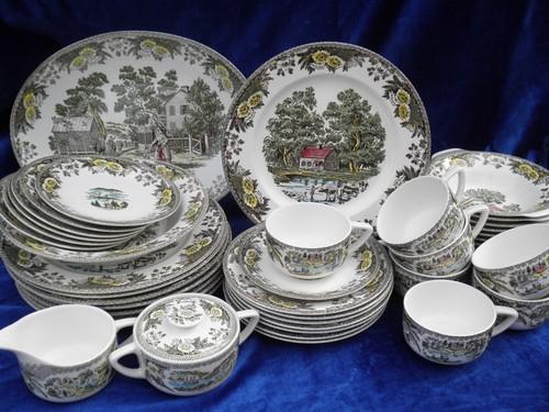 photo of Fair Oaks colored transferware dishes, vintage Royal china dinnerware #1
