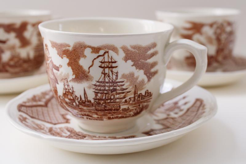 photo of Fair Winds Alfred Meakin china tea cups and saucers w/ tall ships historic scenes #3