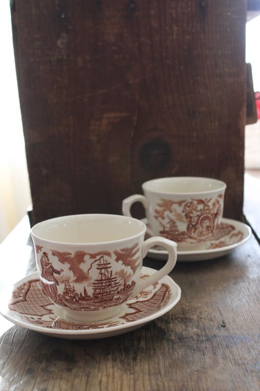 photo of Fair Winds Alfred Meakin china tea cups and saucers w/ tall ships historic scenes #1