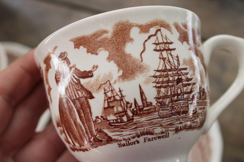 photo of Fair Winds Alfred Meakin china tea cups and saucers w/ tall ships historic scenes #4