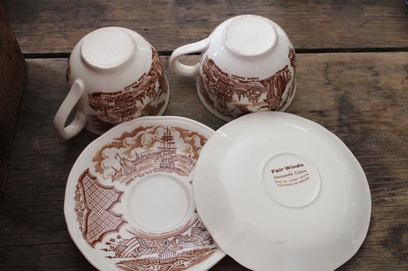 photo of Fair Winds Alfred Meakin china tea cups and saucers w/ tall ships historic scenes #8