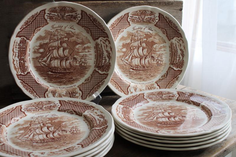 photo of Fair Winds tall ships sailing, vintage brown transferware china dinner plates set of 12 #1