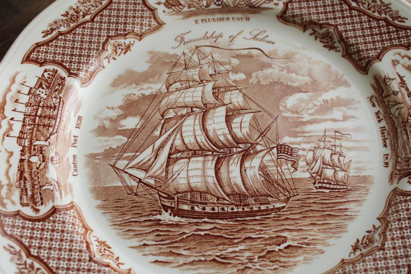 photo of Fair Winds tall ships sailing, vintage brown transferware china dinner plates set of 12 #3