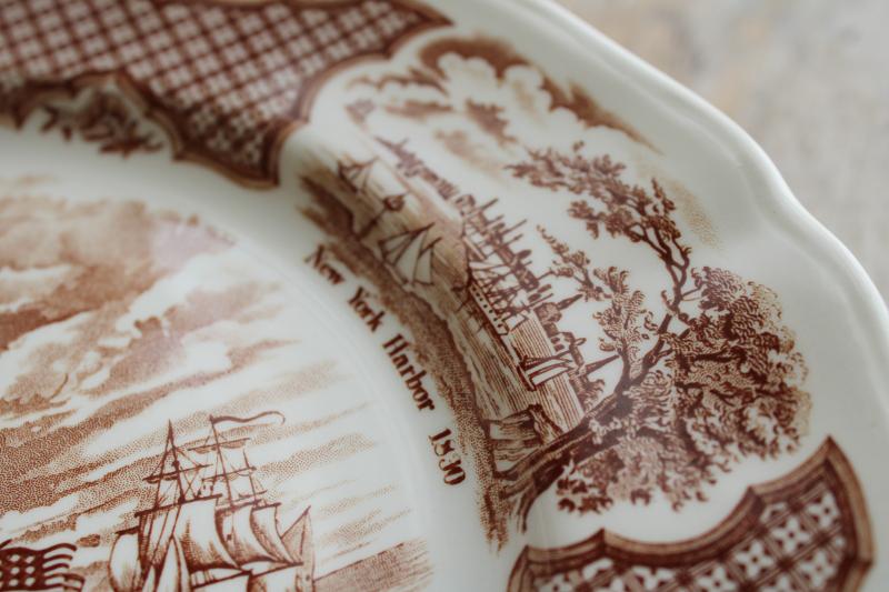 photo of Fair Winds tall ships sailing, vintage brown transferware china dinner plates set of 12 #5