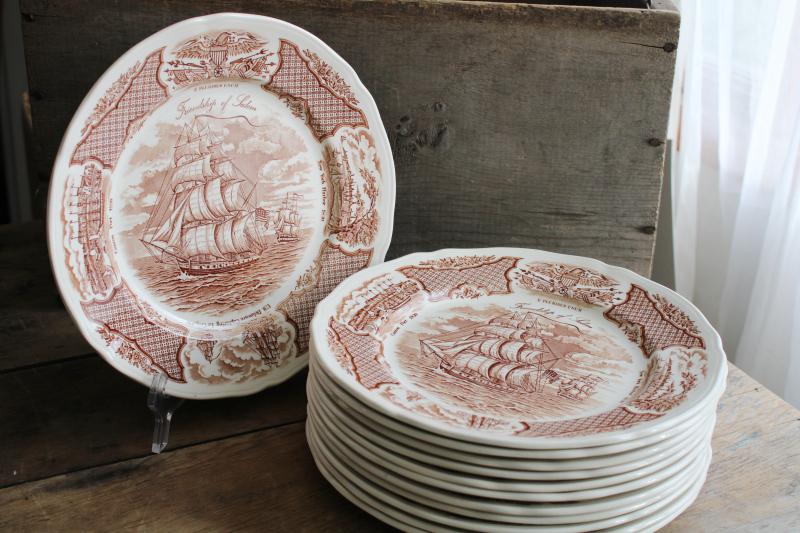 photo of Fair Winds tall ships sailing, vintage brown transferware china dinner plates set of 12 #9