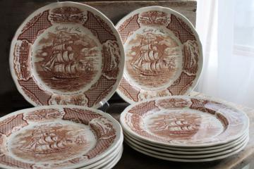 Fair Winds tall ships sailing, vintage brown transferware china dinner plates set of 12