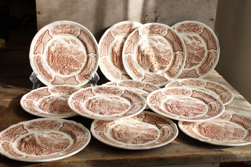 photo of Fair Winds tall ships sailing, vintage brown transferware china salad plates set of 12 #1