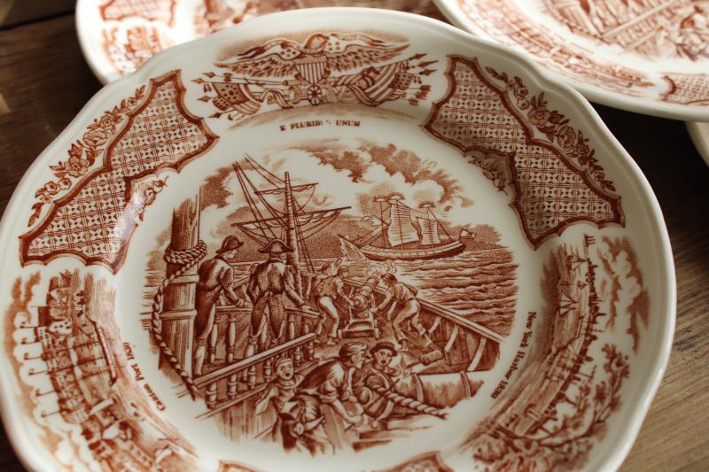 photo of Fair Winds tall ships sailing, vintage brown transferware china salad plates set of 12 #2